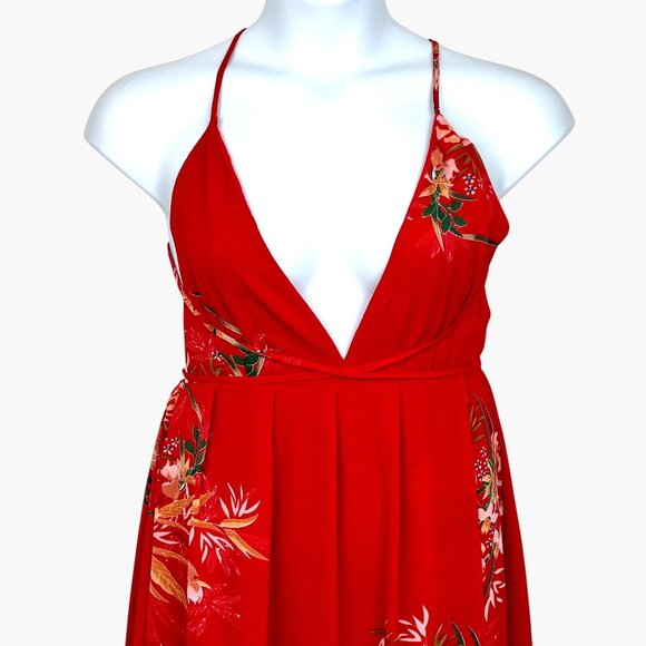 Size Large Red Floral Halter Maxi Dress Plunging Neckline Backless Design EUC - Picture 2 of 9